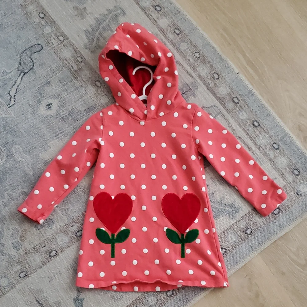 Boutique Girls Pink Polka Dot Heart Flowers Hoodie Long Sleeve Dress Sz2-3y